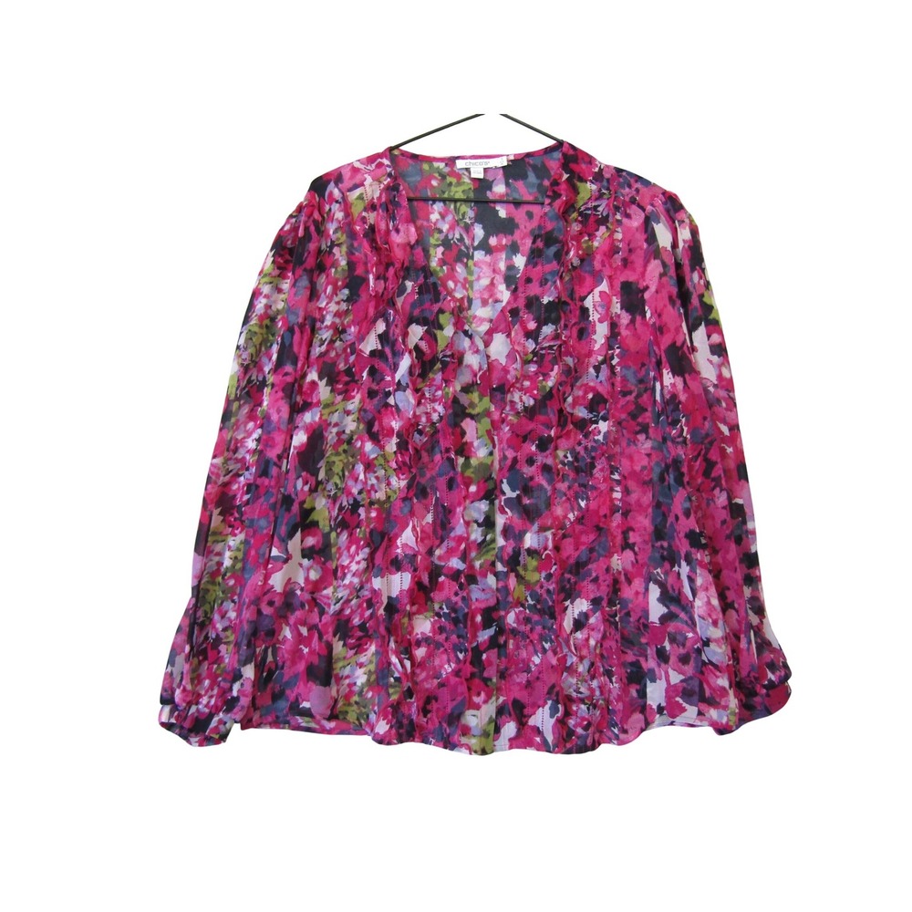 Chicos Blouse Womens 3 US‎ 16 Pink Floral Ruffle V-Neck Long Sleeve Sheer